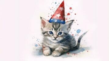 A small kitten sits in a hat the color of the American flag. Concept postcard with a cat for USA Independence Day. AI generated photo