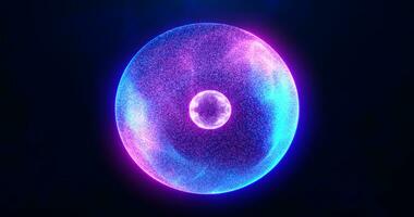 Blue purple energy sphere with glowing bright particles, atom with electrons and elektric magic field scientific futuristic hi-tech abstract background photo