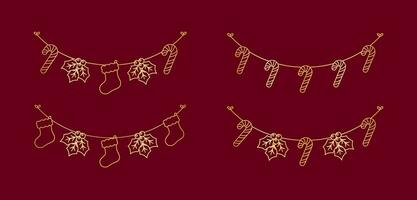 Set of gold Christmas and winter decoration garland outline doodle. Holiday decoration elements collection. Santa hat, stockings, mistletoe, ornaments, candy cane. Vector Illustration.