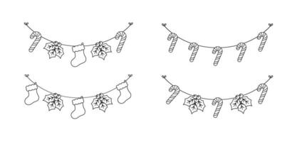 Set of Christmas and winter holiday decoration garland outline doodle. Christmas decoration elements collection. Santa hat, stockings, mistletoe, ornaments, candy cane. Vector Illustration.