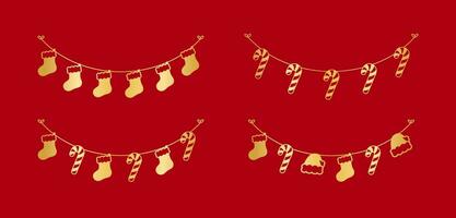 Set of gold Christmas and winter decoration garland silhouette. Holiday decoration elements collection. Santa hat, stockings, mistletoe, ornaments, candy cane. Vector Illustration.