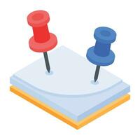 Isometric icon of drawing pins, customizable design vector