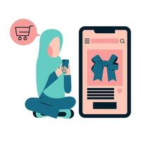 musulmán mujer compras en línea vector