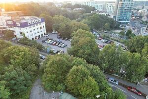 Beautiful Aerial Footage of British Tourist Attraction at Sea View of Bournemouth City of England Great Britain UK. High Angle Image Captured with Drone's Camera on September 9th, 2023 During Sunset photo