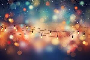 Christmas lights on bokeh background. Holiday glowing garland. Christmas lights on colorful bokeh background, AI Generated photo