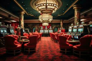 Luxury casino interior with red seats and casino roulette table, Classic vintage american las vegas casino interior, AI Generated photo