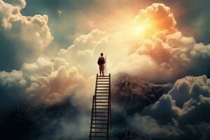 Rear view of businessman standing on ladder against blue sky with clouds, Choose right ladder to reach the goal, AI Generated photo