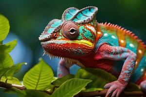 Close up of colorful chameleon on the tree in the forest, Close up of colorful chameleon on green leaves. Wildlife animal, AI Generated photo