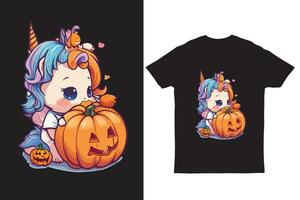 graphic t-shirt illustration of Kawaii baby unicorn playing with a small pumpkin ball. vector art.