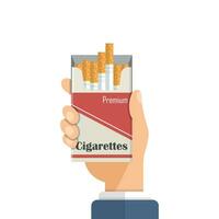 Hand holding packet of cigarettes icon in flat style. Smoking vector illustration on isolated background. Tobacco box sign business concept.