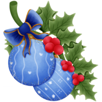 Blue christmas ball with blue bow red holly berries and green leaves isolated on transparent background png