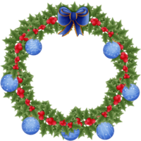 Blue christmas ball with blue bow red holly berries and green leaves isolated on transparent background png