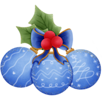 Blue christmas ball with blue bow red holly berries and green leaves isolated on transparent background png