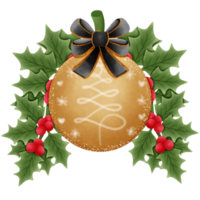 Golden christmas ball with black bow red holly berries and green leaves isolated on transparent background png