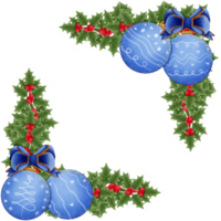 Blue christmas ball with blue bow red holly berries and green leaves isolated on transparent background png