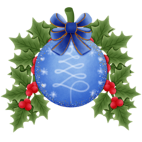 Blue christmas ball with blue bow red holly berries and green leaves isolated on transparent background png