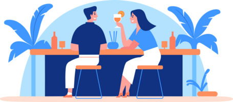 Hand Drawn couple having a drink at a bar by the sea in flat style png