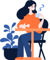 Hand Drawn Female office worker relaxing while drinking coffee in flat style png