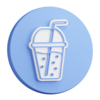 3D button rendering of glass of smoothie with straw and lid. Refreshing fruit drinks in hot summer. Realistic blue white PNG illustration isolated on transparent background