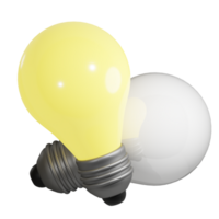 3D rendering of Light bulbs glowing yellow light and extinguished not working. Symbol of ideas, inspiration, teamwork. Garland element. Realistic PNG illustration isolated on transparent background