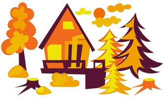 moderno casa en el otoño bosque. vector ilustración en un plano estilo en un blanco antecedentes en brillante colores. luz de sol, Navidad árboles, árboles, tocones en un resumen ilustración. conjunto de pegatinas