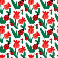 Seamless background of a blooming summer meadow with red buds and a red ladybug on a white background. Vegetable background with an insect for wallpaper, printing. Children's vector illustration