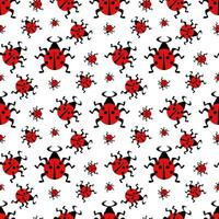 Seamless pattern with red ladybugs on a white background. Vector flat illustration. Abstract, geometric insect with legs and wings in different sizes are spreading in different directions