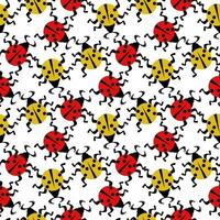 Seamless pattern with yellow and red ladybugs on a white background. Vector flat illustration. Abstract, geometric insect with legs and wings in dots, spreading in different directions