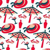 Summer seamless vector pattern. Vintage colors, view of the Riviera beach. Umbrellas, glasses, hat, cocktail, shaker on a white background. Texture in the theme of relaxing on the beach