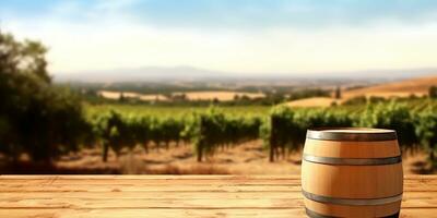 Generative AI, beautiful vineyard with wooden barrels, green landscape. Rows of vines on sunset photo