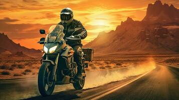 generativo ai, motocicleta jinete en calle equitación, puesta de sol cielo, teniendo divertido conducción el vacío autopista en un motocicleta excursión viaje foto