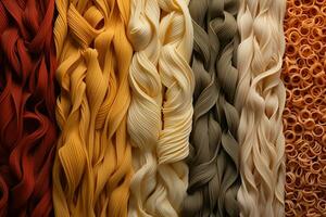 Generative AI, Variety of types, colors and shapes of Italian pasta, texture background photo