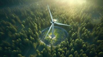 Generative AI, wind turbines in a field, green farm landscape. Environmentally eco-friendly power generation. Renewable energy source. photo