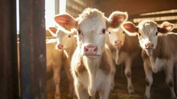 generativo ai, pequeño terneros mirando a el cámara en un granja, bebé vacas foto