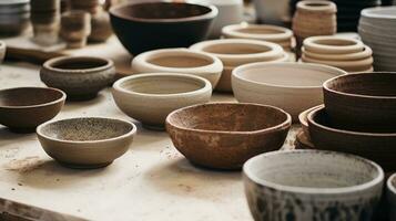 Generative AI, crafted pottery, still life of hand made pottery and ceramic bowls, hobby and leisure concept photo