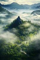 Generative AI, Misty fir forest beautiful landscape in hipster vintage retro style, foggy mountains and trees. photo