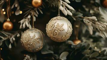 Generative AI, Chhristmas and new year balls in the fir tree branches, holidays concept, festive winter season background photo