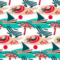 Summer seamless vector pattern. Vintage colors, view of the Riviera beach. Deck chairs, beach, umbrellas, sail, hat, glasses on a white background. Texture in the theme of relaxing on the beach
