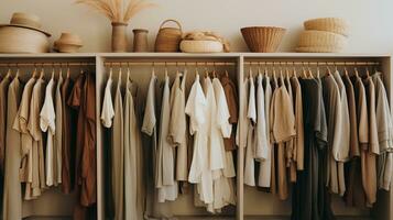 Generative AI, Cloth store aesthetic background, photo of clothes hanging on hangers, muted neutral colors