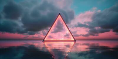 Generative AI, abstract geometric background, clouds, sea and glowing neon triangular frame. Minimal futuristic seascape with reflection in the water. photo