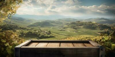 generativo ai, hermosa viñedo con de madera barriles, verde paisaje. filas de vides en puesta de sol foto