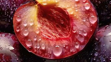 Generative AI, bright slice of juicy ripe plum and water drops, macro of summer fruit photo