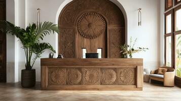 Generative AI, Front desk of boho hotel, wooden reception photo