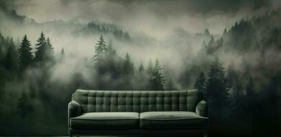 Generative AI, Interior design with couch, sofa and wallpaper of fir forest beautiful landscape in hipster vintage retro style, foggy mountains and trees. photo