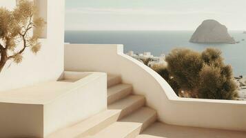 Generative AI, Ibiza aesthetic villa house and coast landscape, muted colors, minimalism photo