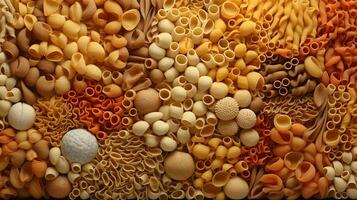 Generative AI, Variety of types, colors and shapes of Italian pasta, texture background photo