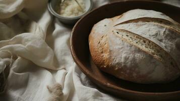 Generative AI, freshly baked bread or bakery at the home kitchen, ecologically natural pastries, linen table wear and wheat photo