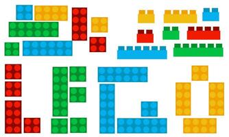 A set of colored plastic parts from a designer named Lego. The elements are top view and side view in different sizes. Children's illustration. Modern design. Flat vector