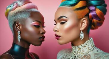 Close Up Portrait Of Two Women With Multicolored Hair, Friends With Different Skin Colors photo