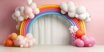 generativo ai, arco iris y vistoso globos cumpleaños fiesta 3d antecedentes. Bosquejo, modelo para saludo tarjeta foto